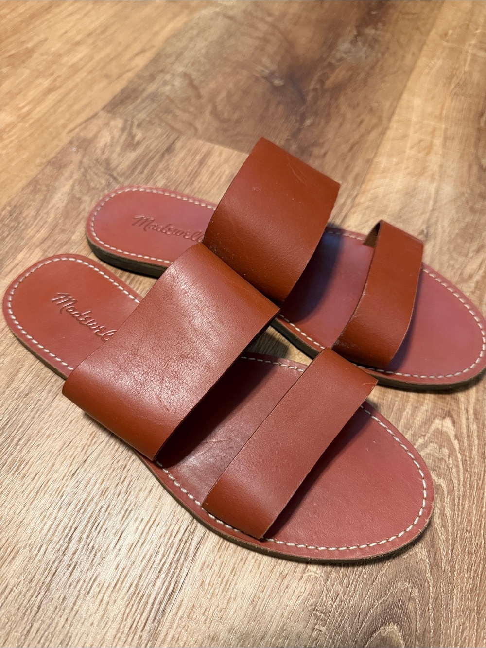 Madewell Double-Strap Leather Slide Sandals — Chestnut